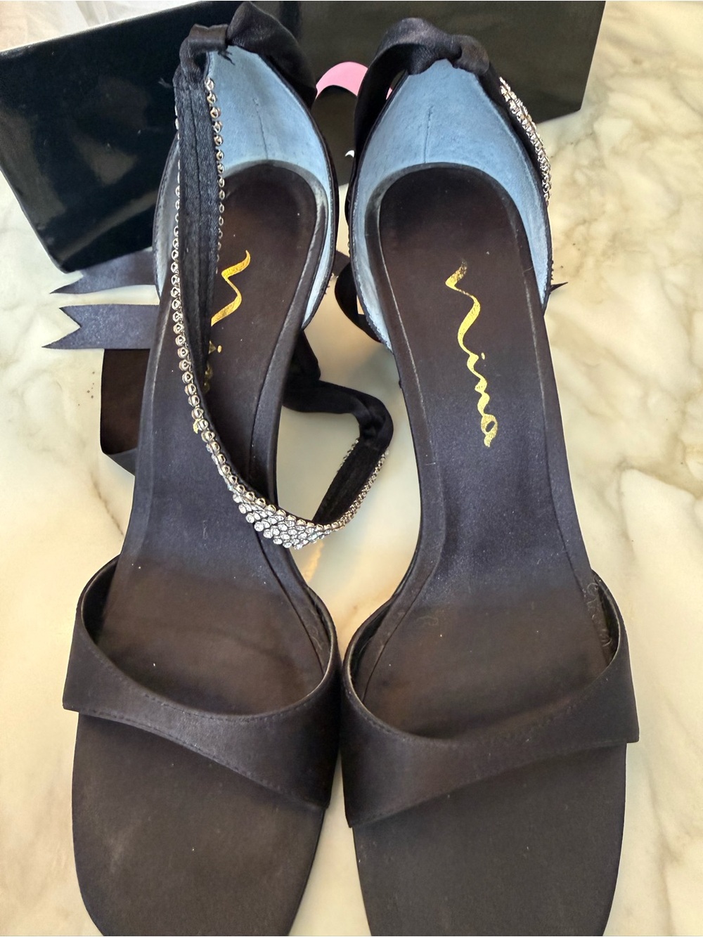 Nina Black Satin Heels with Crystal Ankle Straps